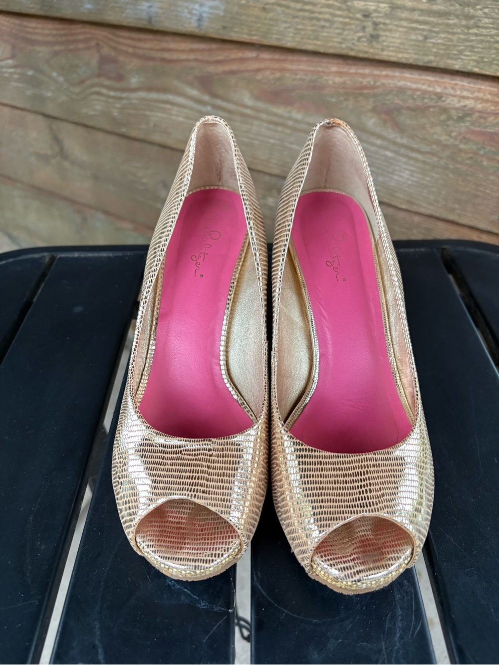 Lilly Pulitzer Gold Peep-Toe Heels with Pink Insole